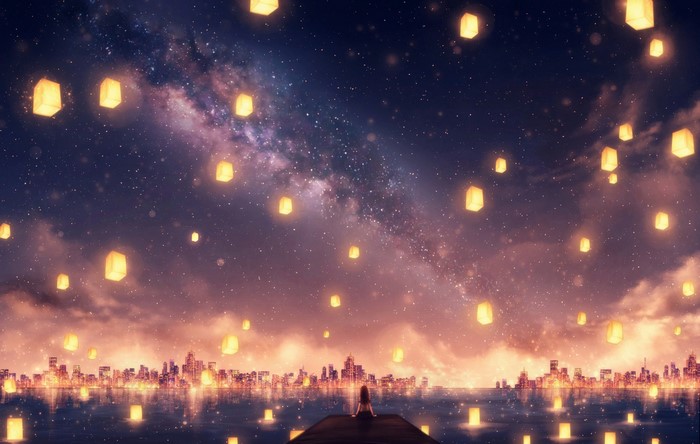Anime girl watching lanterns over city skyline at night