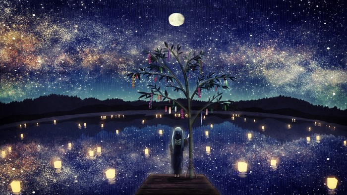 Girl by a tree under a starry night sky with lanterns on water