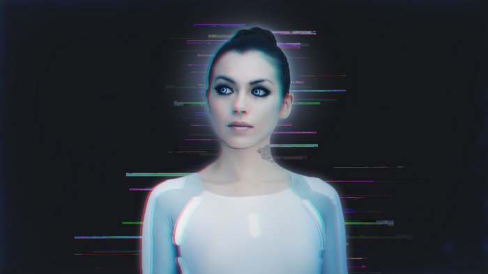 Woman in futuristic suit with glitch effect