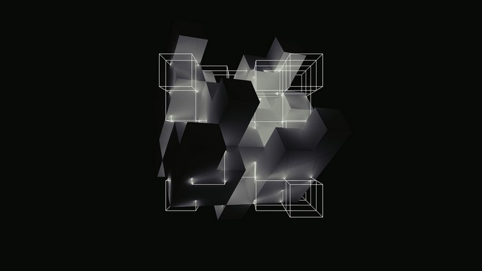 Monochrome geometric shapes with wireframe boxes
