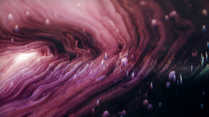 Abstract pink and purple waveforms with digital glitch art