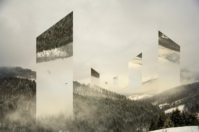 4K photo manipulation of a winter forest with geometric shapes