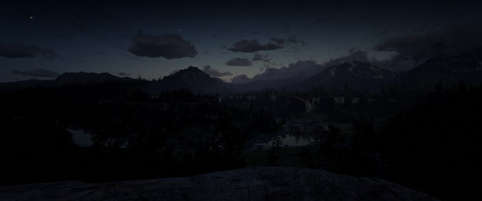 Red Dead Redemption 2 night landscape with mountains and river