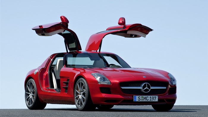 Red Mercedes-Benz SLS AMG with Gullwing Doors Open