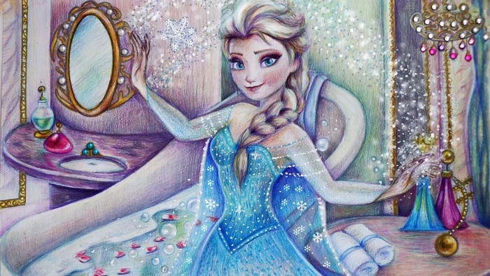 Elsa from Frozen in a bathroom