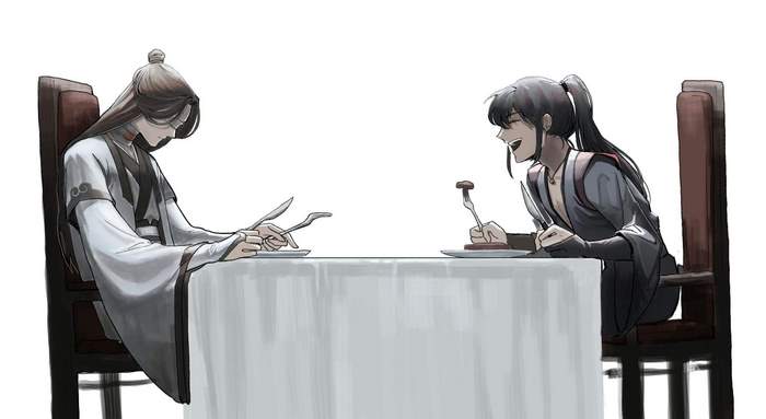 Xue Yang and Xiao Xingchen eating at a table