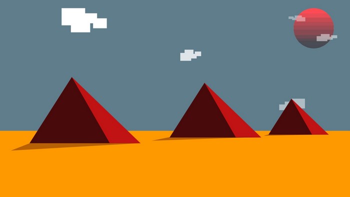 Minimalist desert landscape with pyramids and sun