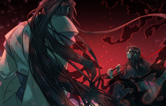 Lan Zhan and Wei Ying in a dramatic scene