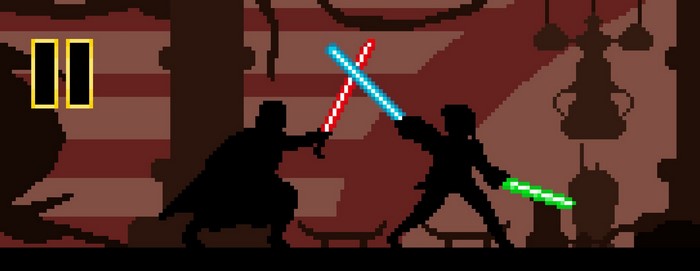 Star Wars pixel art battle between Anakin Skywalker and Count Dooku
