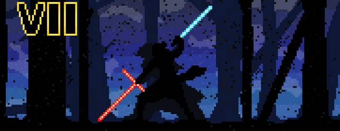 Pixel art of Star Wars characters with lightsabers