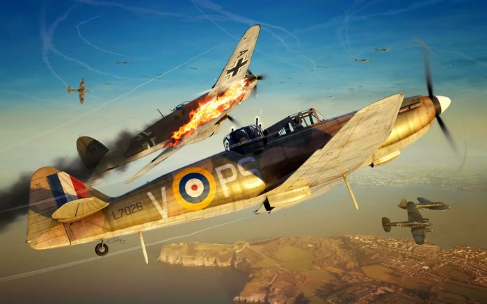 World War II aerial combat: burning Heinkel He 111 attacked by Hawker Hurricane