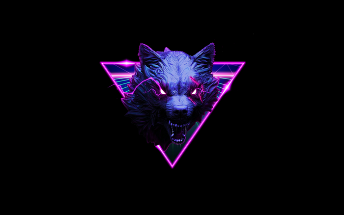 Neon wolf head with glowing eyes inside a triangle