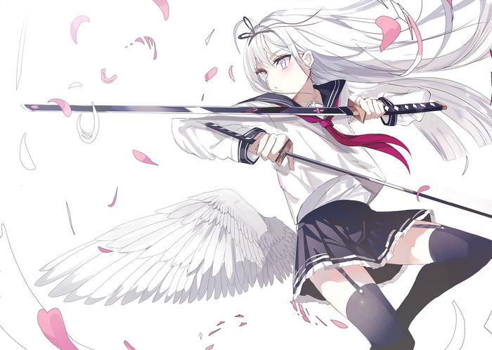 Anime girl with white hair and wings holding a sword