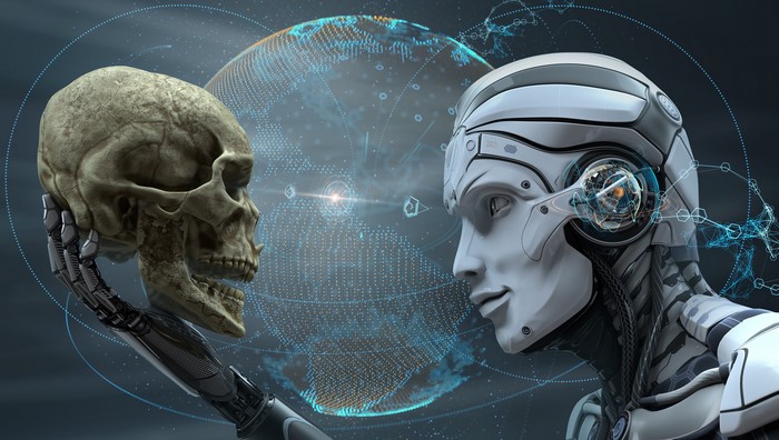 Robot holding a human skull with digital globe background