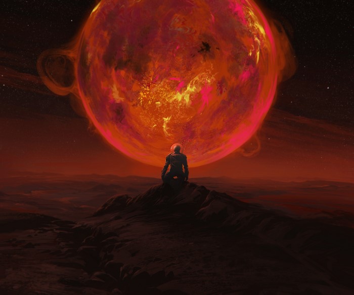 Astronaut observing a red sun from a rocky planet