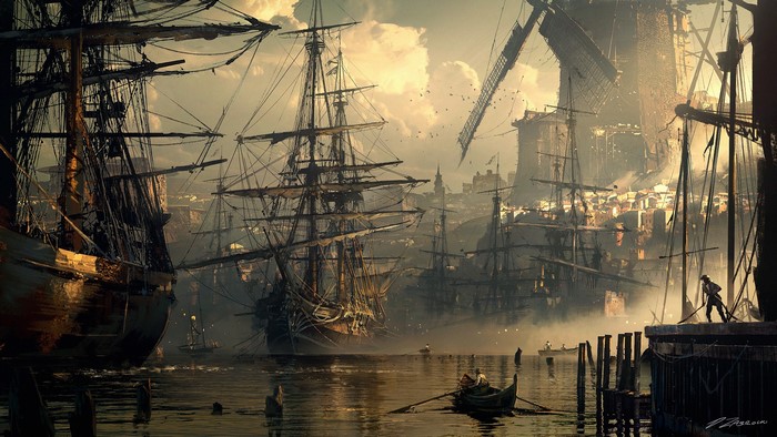 Artwork of a harbor with sailing ships and a windmill