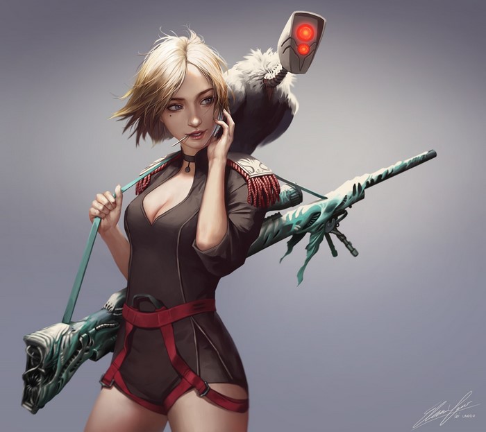 Woman with blonde hair and sniper rifle