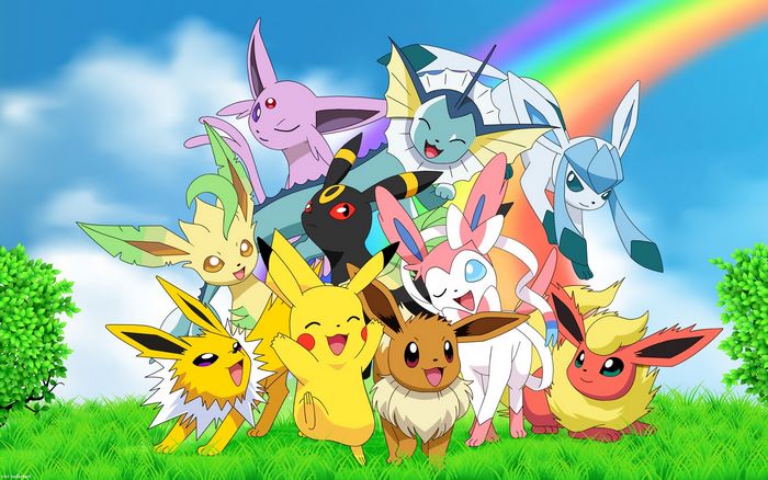 Eevee Evolutions Gathered Under Rainbow Sky