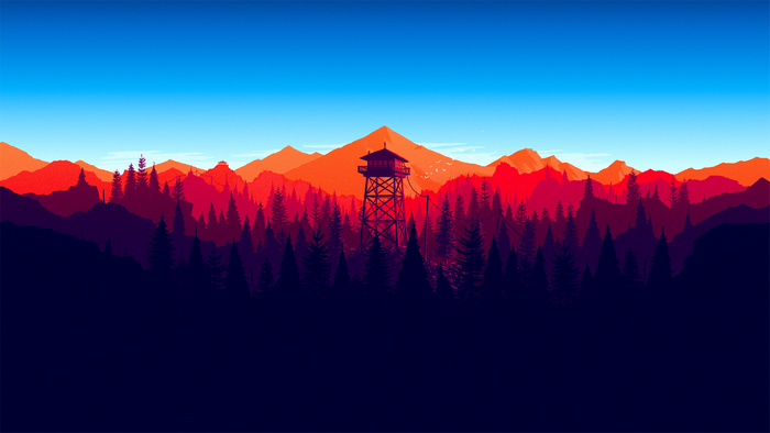 Minimalist landscape with fire watch tower and mountains