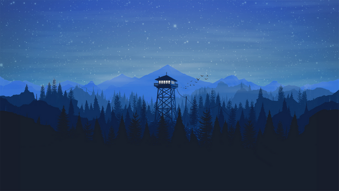 Firewatch tower in a minimalist forest landscape at night