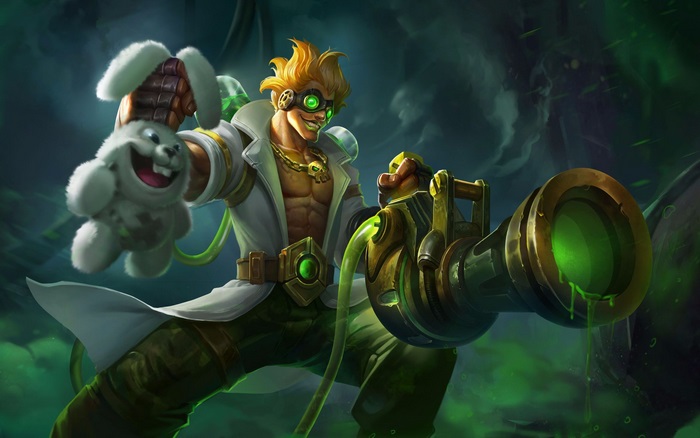 Mad scientist with a plush toy and a weapon