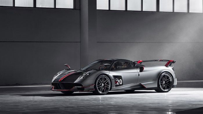 Silver Pagani Huayra Roadster with number 20
