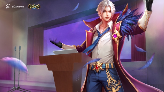 Heroes Evolved character at a podium