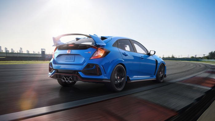 Blue Honda Civic Type R on a race track