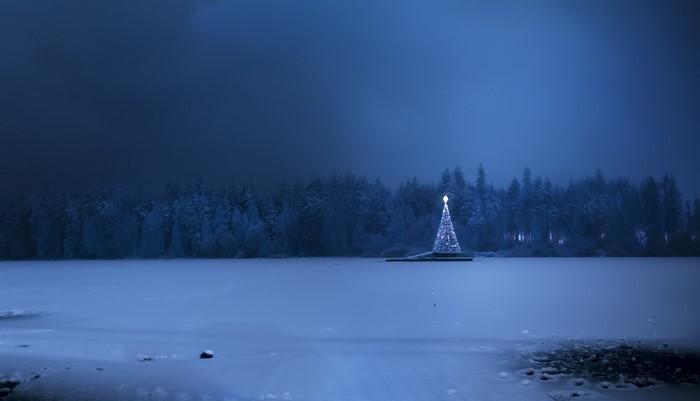 Decorated Christmas tree on a frozen lake at night