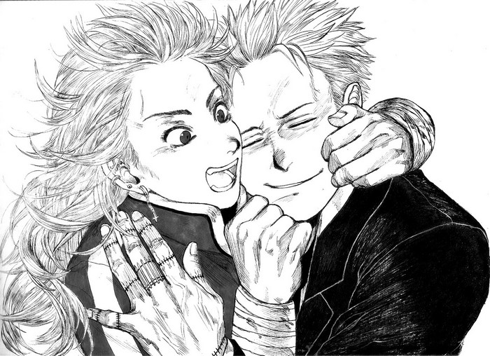 Noi and Shin from Dorohedoro hugging