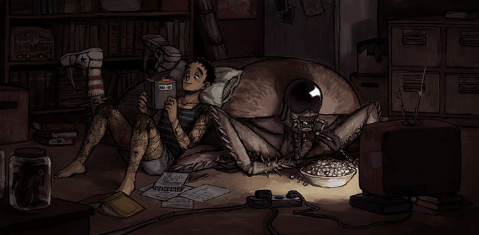 Kasukabe and Jonson from Dorohedoro watching TV