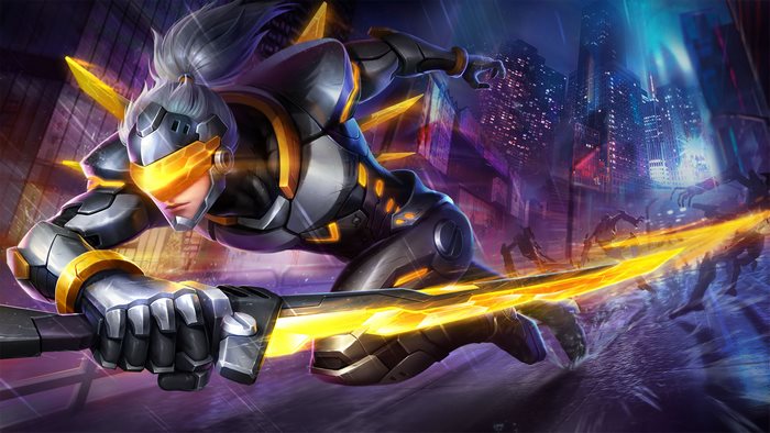 Cyberpunk warrior with glowing sword in a city