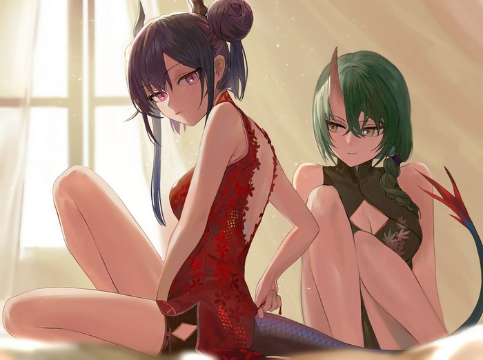 Two anime girls with horns and tails in Chinese dresses