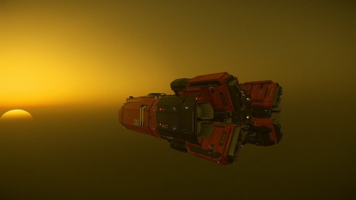 Red spaceship in a yellow-orange nebula with a distant sun
