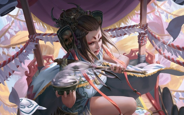 Fantasy girl with masks and a bowl