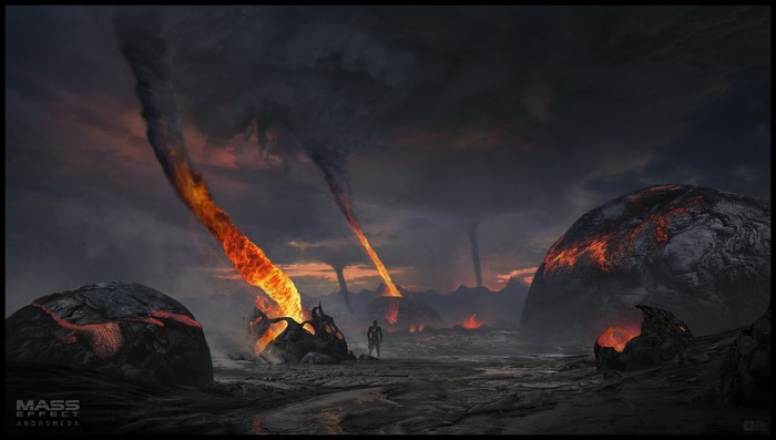 Concept art of a volcanic landscape from Mass Effect: Andromeda