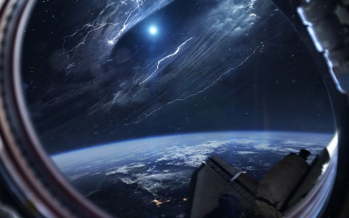 View of Earth and a black hole from a spaceship window