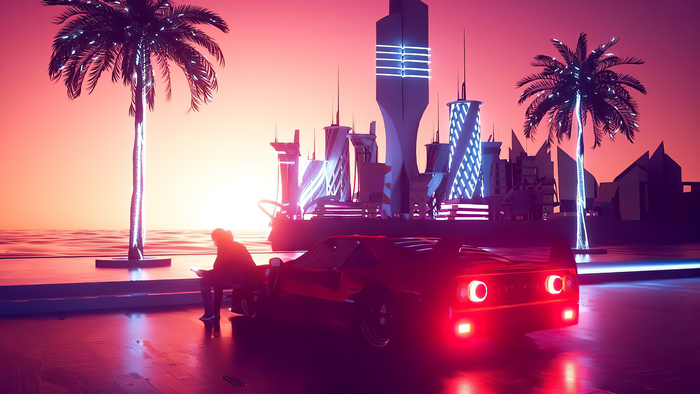 Retro-futuristic cityscape with a sports car and palm trees at sunset