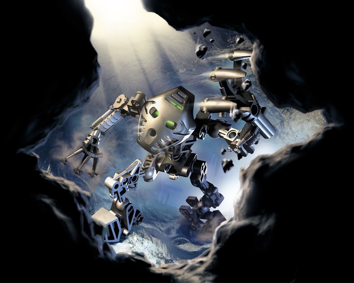 Bionicle Toa robot emerging from a cave