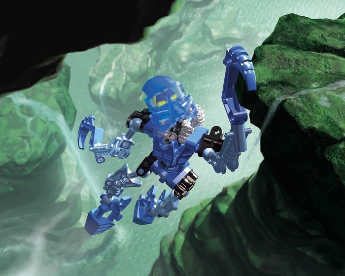 Blue Bionicle figure with bow in a canyon