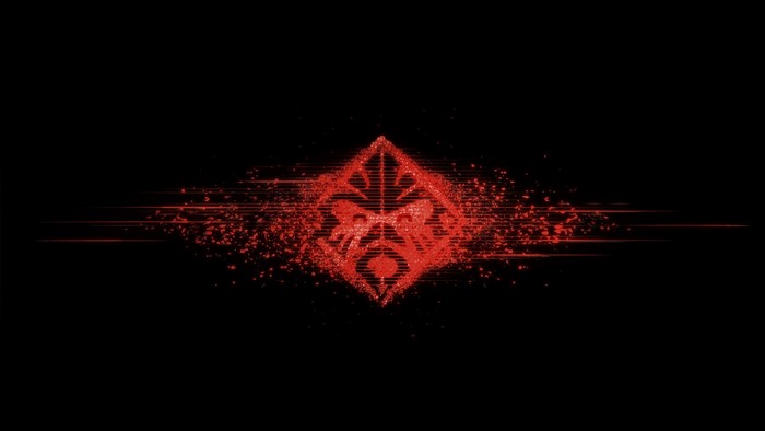 HP Omen logo with red particles and lines