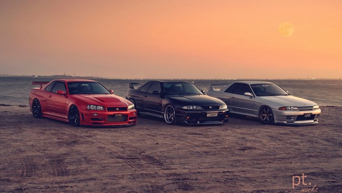 purple cars, Nissan Skyline GT-R R34, sports car, group of cars, silver ...