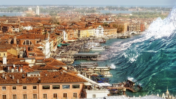 Tsunami hitting Venice city with waves