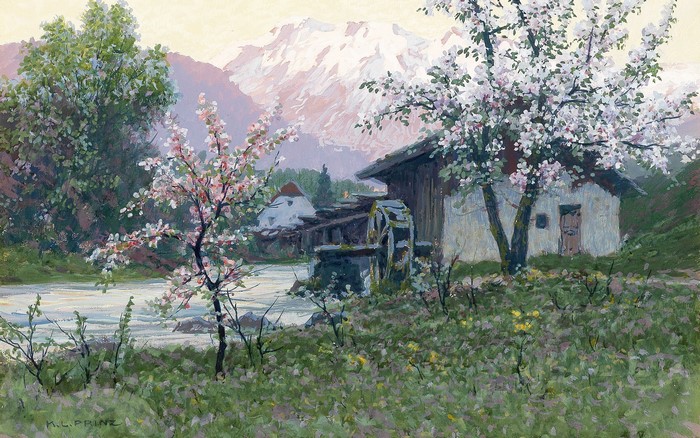 Spring landscape with watermill and mountains by Carl Ludwig Prinz