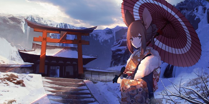 Anime girl with animal ears and umbrella near Torii gate in snow