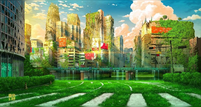 Post-apocalyptic overgrown Tokyo cityscape with skyscrapers