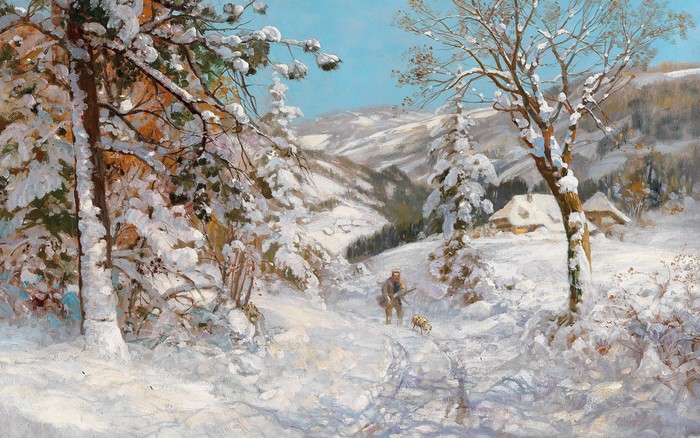 Painting of a hunter and dog in a snowy landscape
