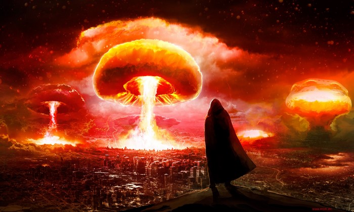 Figure in a cape watches nuclear explosions over a city