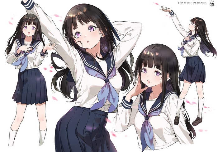 Chitanda Eru from Hyouka in school uniform with petals