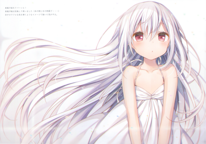 Anime girl with white hair and red eyes in a white dress